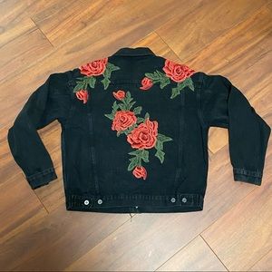 Rose embroidered black denim jacket